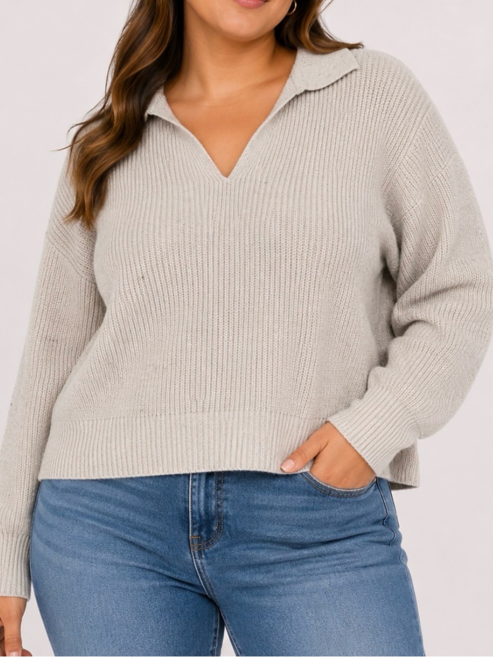 Banana Republic Cozy Ribbed V-Neck Collar Sweater cream/black speckles SZ LG